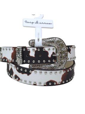Cow Print Belt Rhinestone Buckle Brown/White M/L Western Stud Accents Twig Arrow